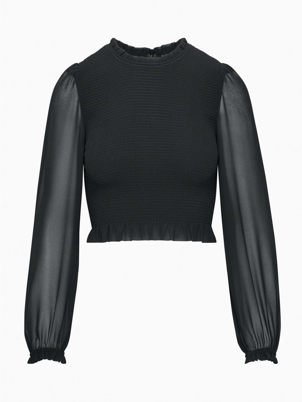 Smocked Black Ruffle-Hem Long Sleeve Blouse - Women